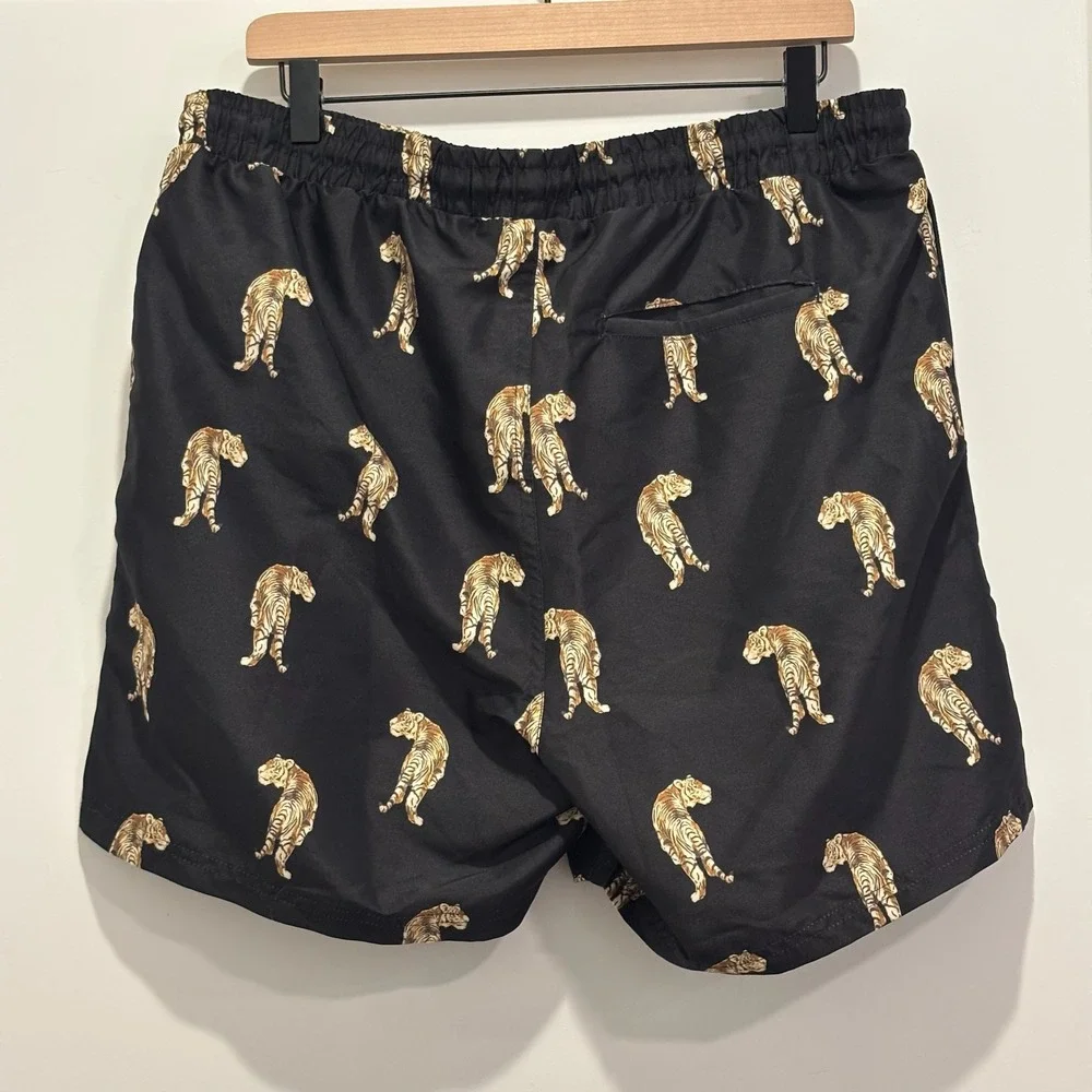 Mens Black Tiger Print Swim Trunks Graphic Board Shorts 5 Inch Inseam Size Large